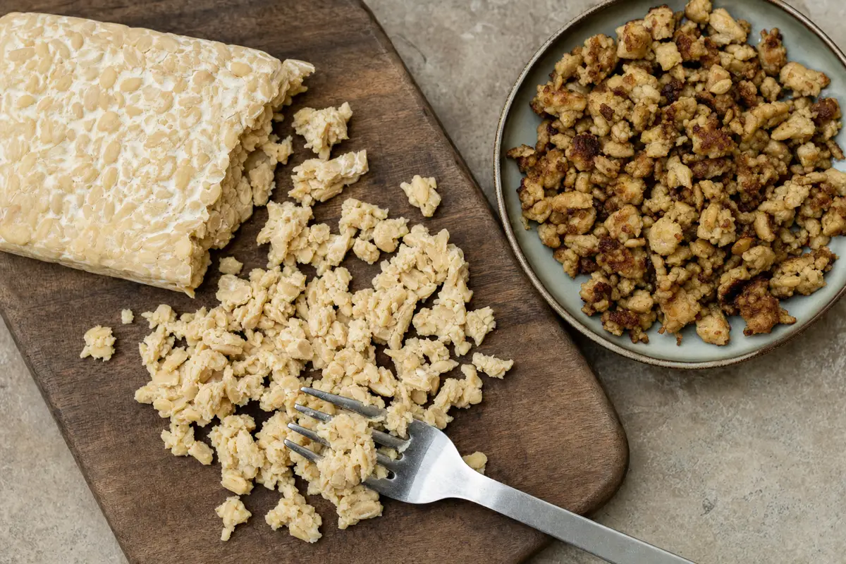 Tempehblock und unterschiedlich große Tempeh-Brösel auf einem Holzbrett