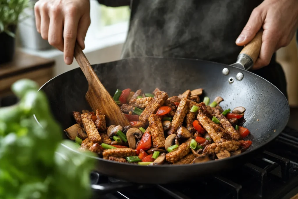 Person brät Tempeh mit Paprika, Pilzen und Frühlingszwiebeln in einem heißen Wok.