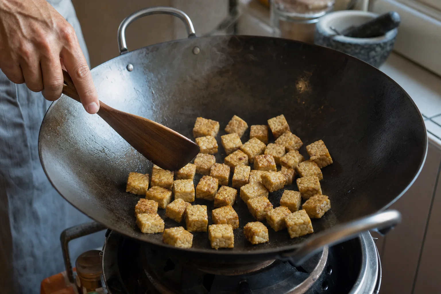 Knusprig gebratene Tempeh-Stücke liegen mit Abstand in einem heißen Wok.