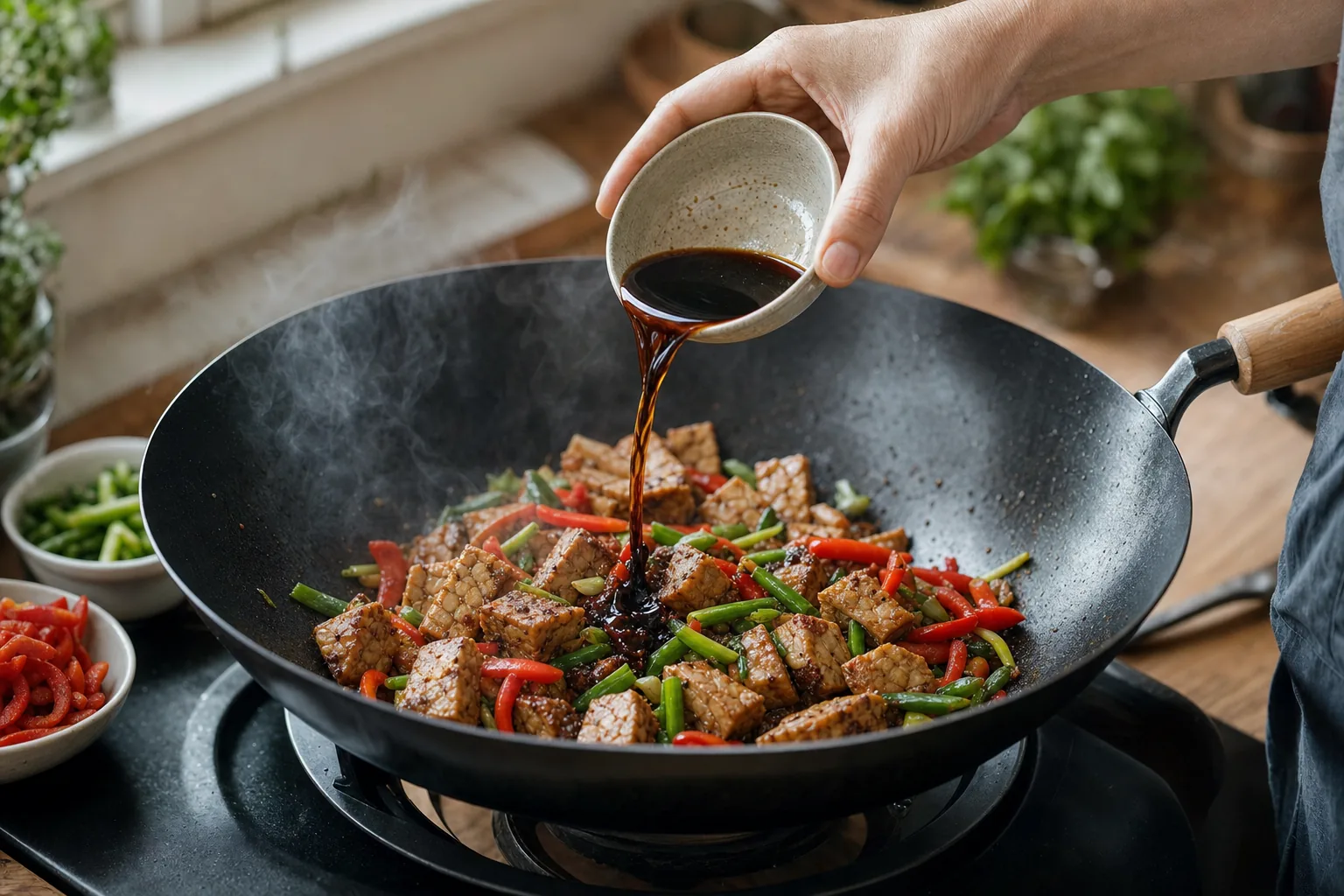Person gibt eine Soja-Ingwer-Sauce zu angebratenem Tempeh und Gemüse in den Wok.