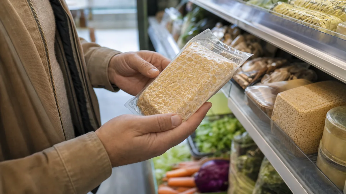 Person hält eine Tempeh-Packung im Kühlregal eines Bio-Markts