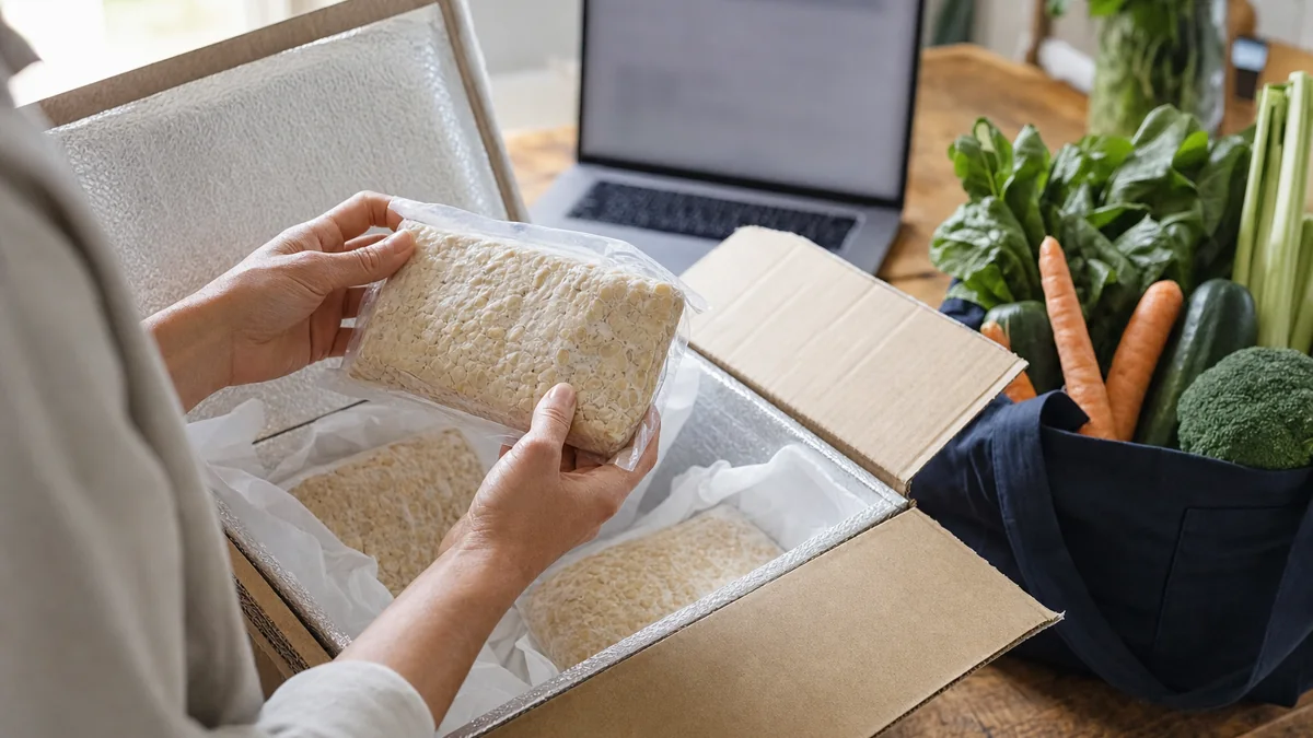 Person packt gekühlte Tempeh-Blöcke aus einer Versandbox neben Gemüse und Laptop aus.
