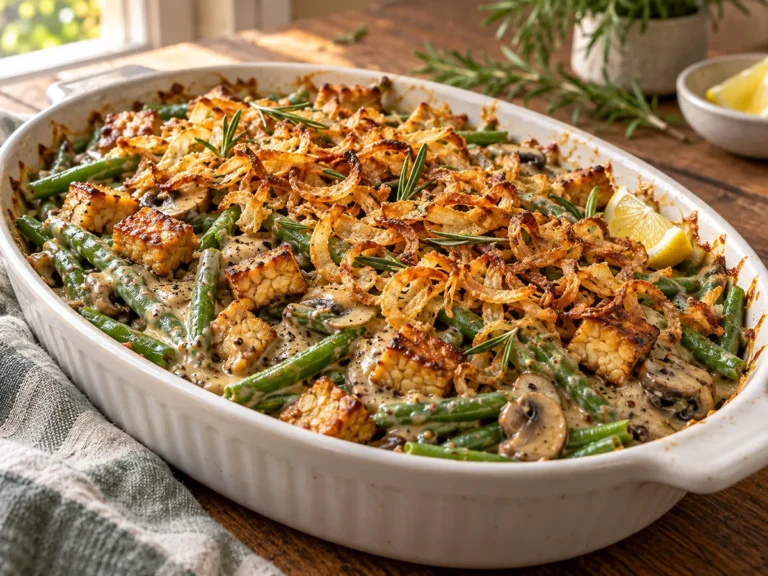 Cremiger Auflauf mit grünen Bohnen, goldbraunen Tempeh-Würfeln, Champignons und knusprigen Röstzwiebeln.