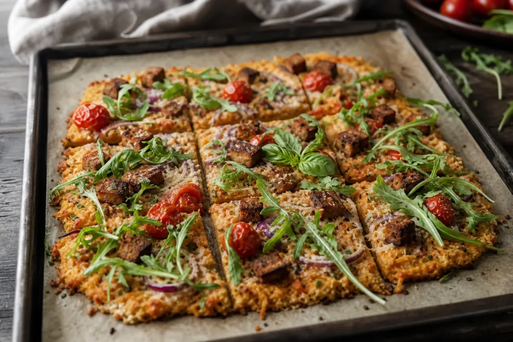 Knusprige Karottenpizza mit gebratenem Tempeh, Tomaten, roten Zwiebeln und Rucola