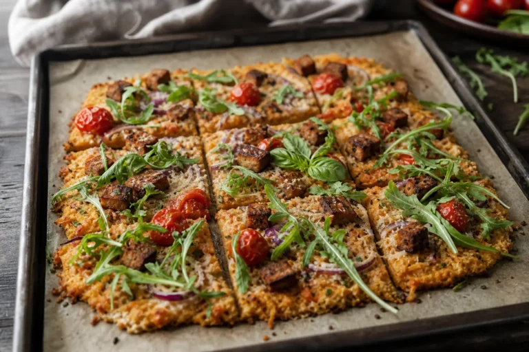 Knusprige Karottenpizza mit gebratenem Tempeh, Tomaten, roten Zwiebeln und Rucola