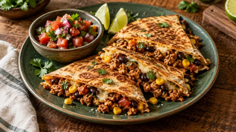 Knusprige Tempeh-Quesadillas mit schwarzen Bohnen, Mais und Limetten-Salsa
