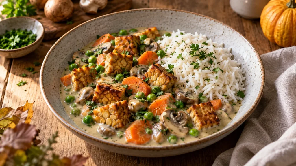 Cremiges Tempeh-Frikassee mit Erbsen, Karotten, Champignons und Reis