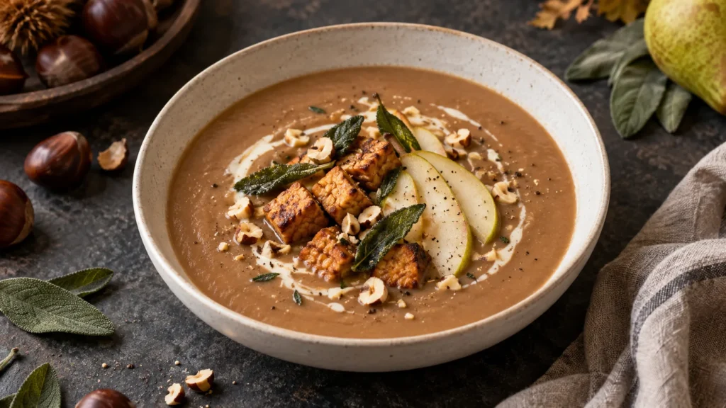 Cremige Maronen-Tempeh-Suppe mit Birne, Salbei und Haselnüssen