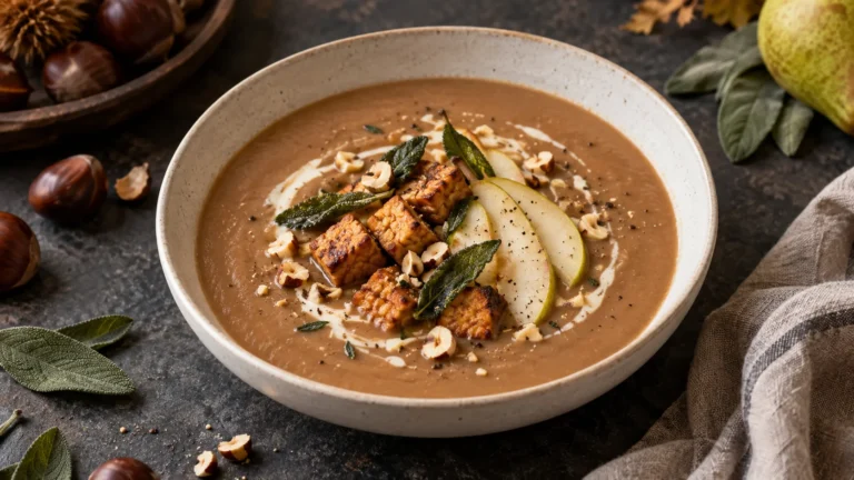 Cremige Maronen-Tempeh-Suppe mit Birne, Salbei und Haselnüssen