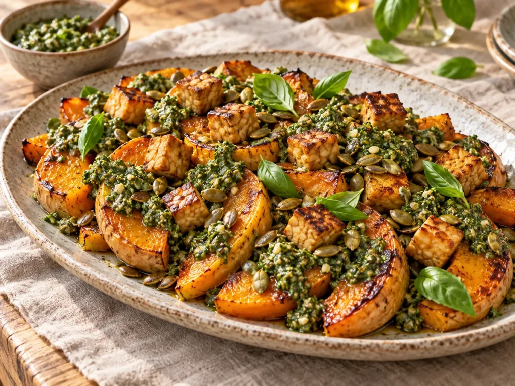 Goldbrauner Ofenkürbis mit grünem Kürbiskern-Pesto und knusprigen Tempeh-Würfeln.