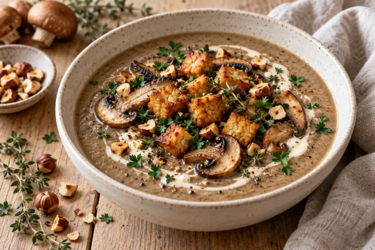 Cremige Pilzsuppe mit goldbraunen Tempeh-Würfeln, gehackten Haselnüssen und frischer Petersilie.