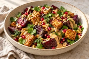Lauwarmer Salat aus gerösteter Roter Bete, knusprigem Tempeh, Erdnuss-Limetten-Dressing, Granatapfel und frischen Kräutern.
