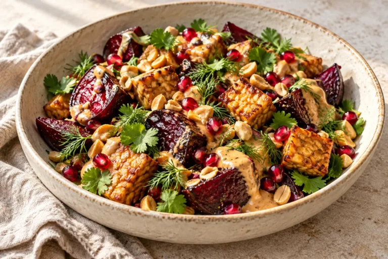 Lauwarmer Salat aus gerösteter Roter Bete, knusprigem Tempeh, Erdnuss-Limetten-Dressing, Granatapfel und frischen Kräutern.