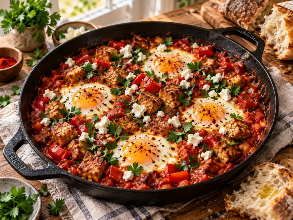 Shakshuka aus Tomaten, Paprika, Tempeh und vier weich gegarten Eiern in einer Pfanne.