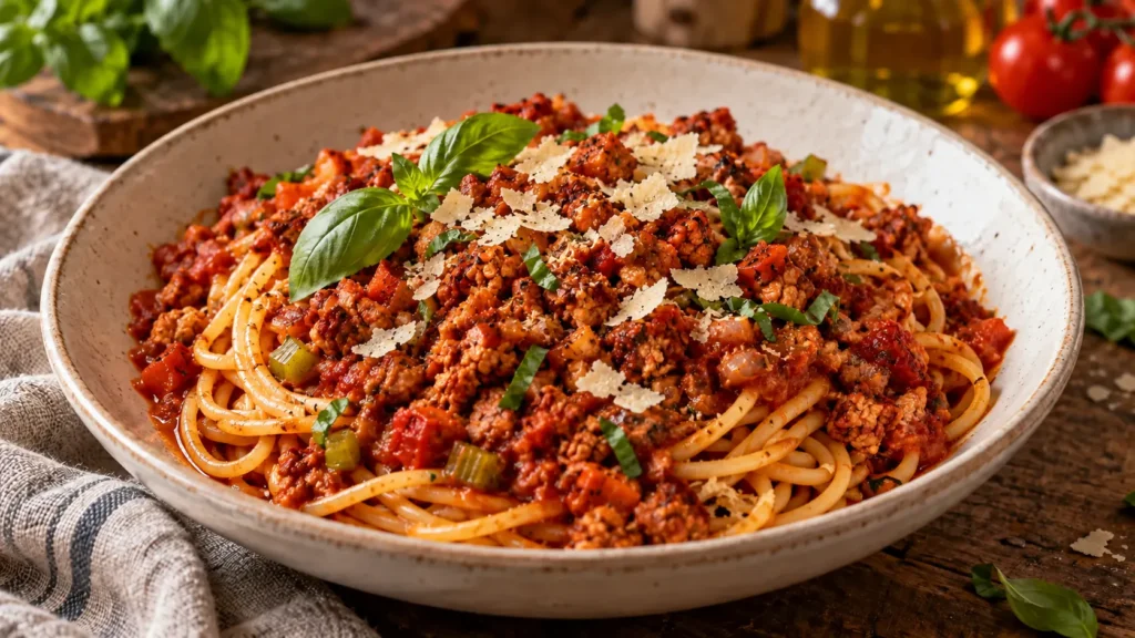 Spaghetti mit tomatiger Tempeh-Bolognese aus feinen, gerösteten Tempeh-Bröseln, Basilikum und veganem Parmesan