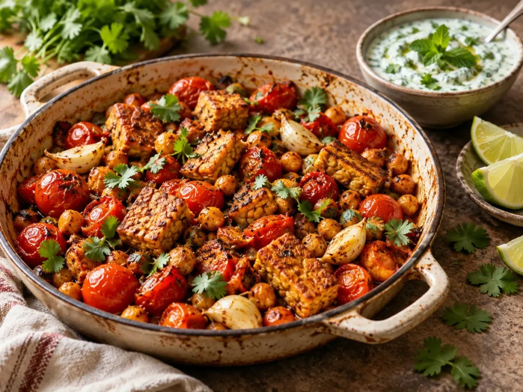 Tandoori-Tempeh und Kichererbsen mit geschmorten Tomaten und Minzjoghurt.