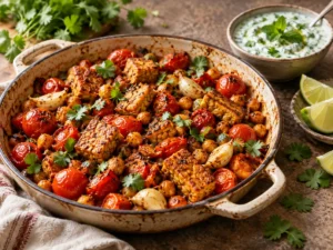 Tandoori-Tempeh und Kichererbsen mit geschmorten Tomaten und Minzjoghurt.