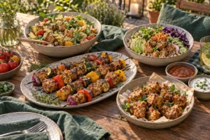 Sommerliches Buffet mit gegrillten Tempeh-Spießen, Salat und Dips