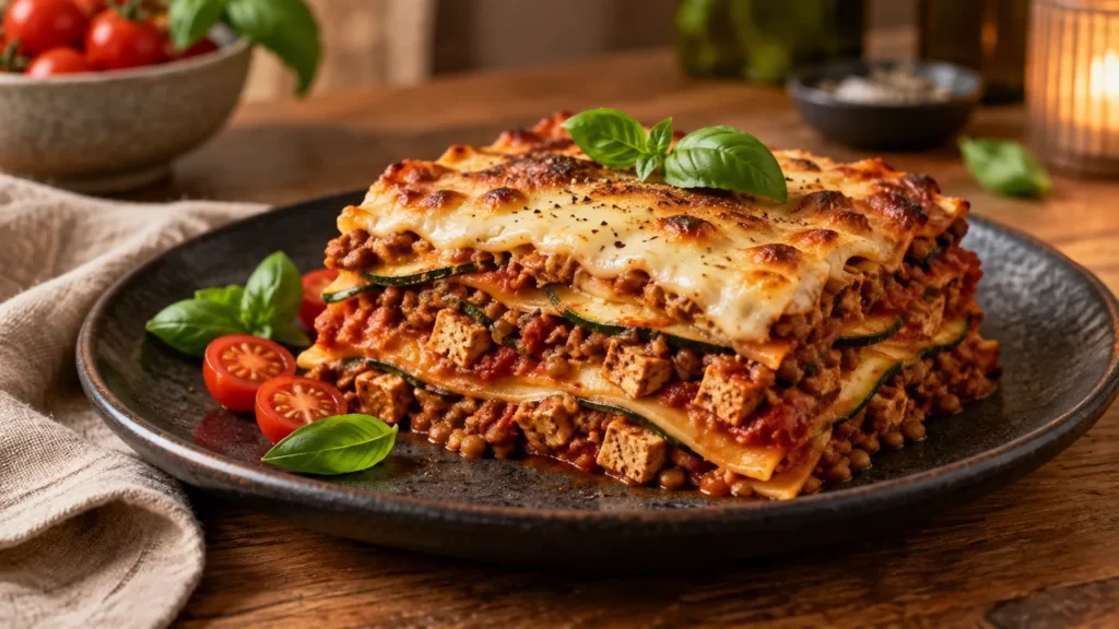 Vegane Tempeh-Lasagne mit Linsenragù, Zucchini und cremiger Béchamel auf einem dunklen Teller