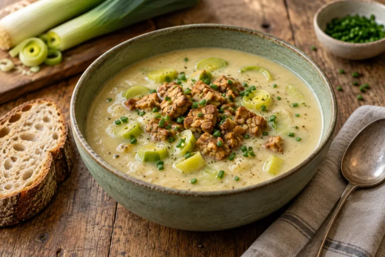 Cremige Lauchsuppe mit weißen Bohnen, knusprigen Tempeh-Bröseln und Schnittlauch