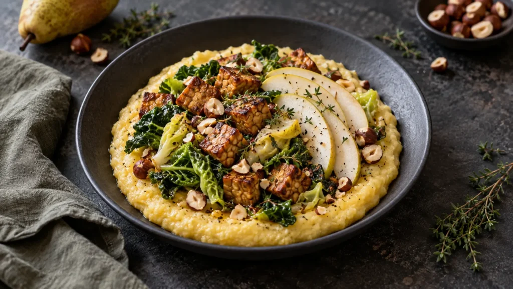 Cremige Polenta mit knusprigem Tempeh, geschmortem Wirsing, Birne und Haselnüssen in einer dunklen Schale