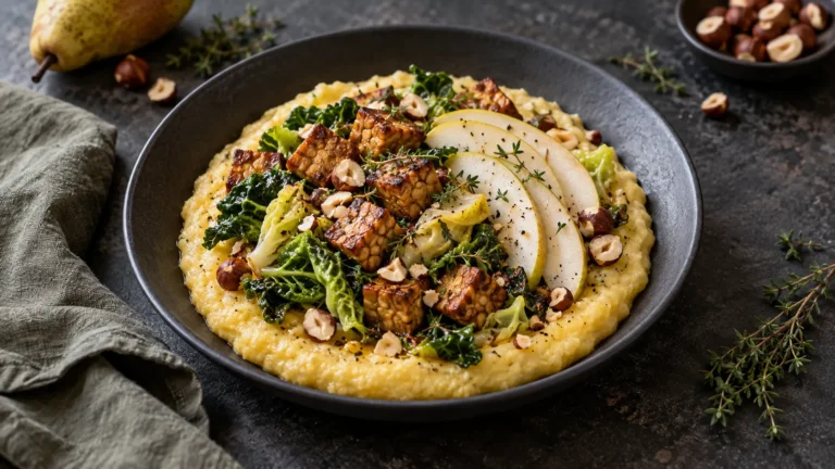 Cremige Polenta mit knusprigem Tempeh, geschmortem Wirsing, Birne und Haselnüssen in einer dunklen Schale