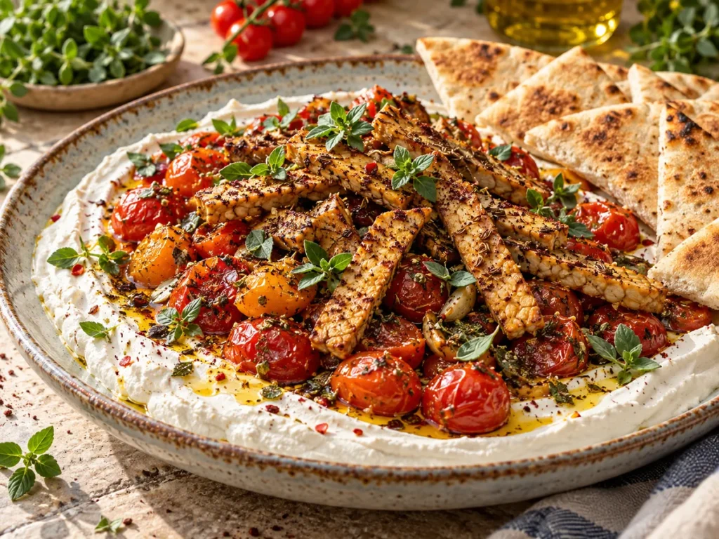 Pflanzliche Platte mit cremigem Soja-Labneh, geschmorten Kirschtomaten, goldbraunem Tempeh und Pistazien.