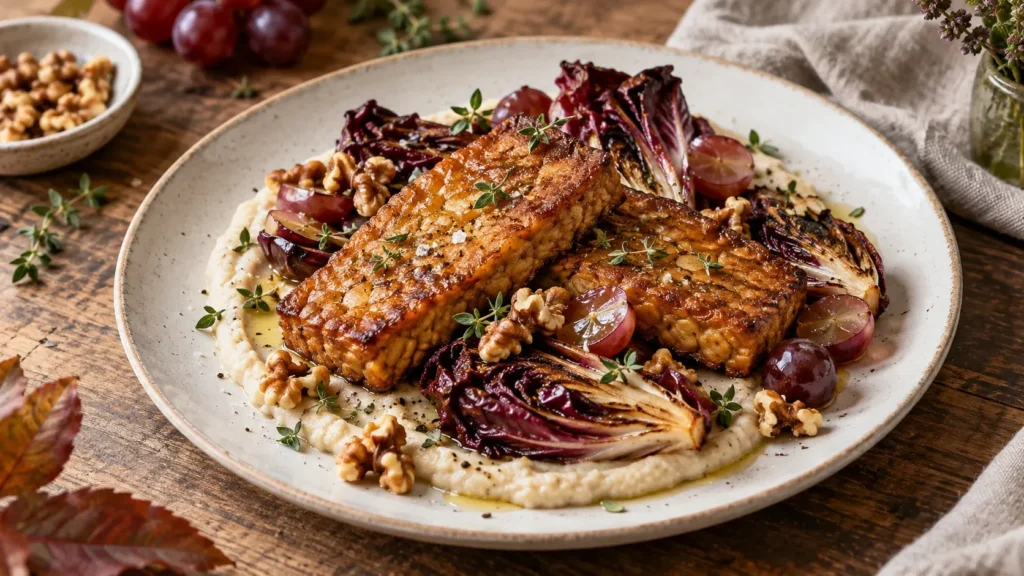 Knusprige Tempeh-Steaks mit cremigen weißen Bohnen, Radicchio und roten Trauben
