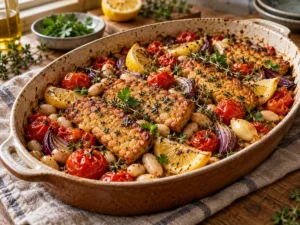 Goldbraun gebackene Tempeh-Scheiben mit weißen Bohnen, Kirschtomaten, Zitronenspalten, Zwiebeln und Thymian in einer Ofenform.