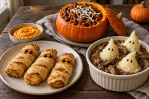 Halloween-Buffet mit Tempeh-Mumien, Chili im Kürbiskessel und Kartoffelgeistern auf Pilz-Ragout