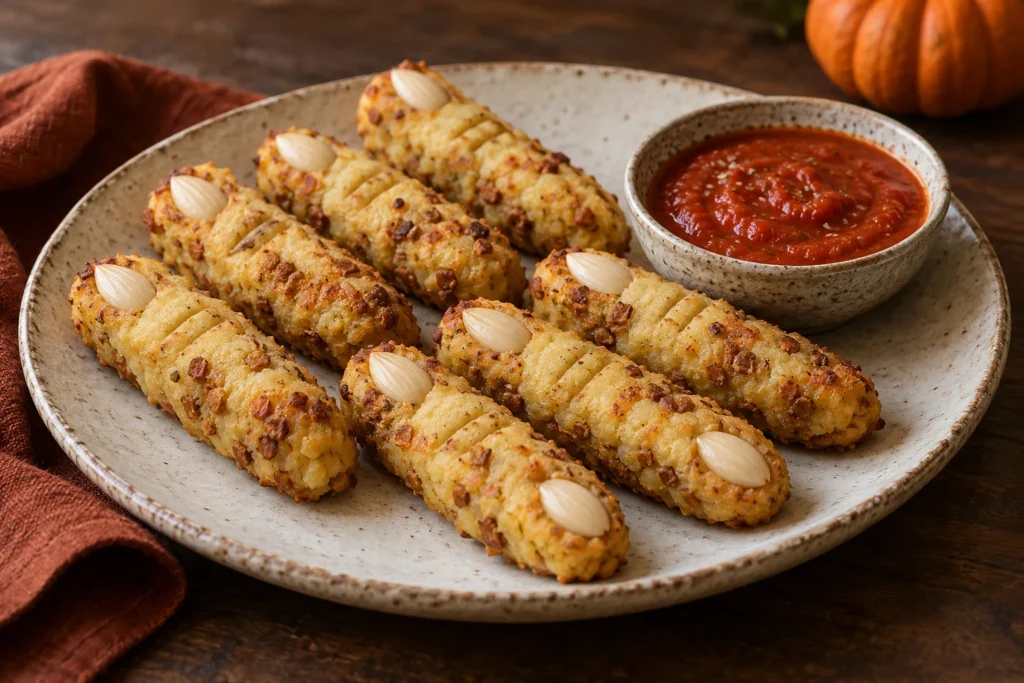 Goldbraune herzhafte Kartoffel-Tempeh-Hexenfinger mit eingeritzten Gelenkfalten und Mandelnägeln neben rotem Tomaten-Dip