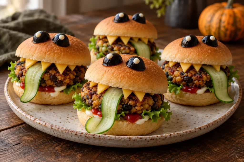 Kleine vegane Tempeh-Burger mit gezackten Käsezähnen, dünnen Gurkenzungen und direkt aufgeklebten Olivenaugen