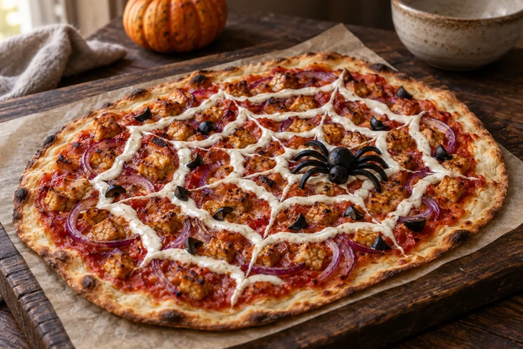 Dünner Flammkuchen mit Tempeh, roten Zwiebeln, hellem Schmand-Spinnennetz und einer schwarzen Olivenspinne