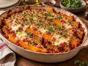 Butternut-Parmigiana mit Tomatensauce, Tempeh, geschmolzenem Mozzarella und Zaatar-Bröselkruste.