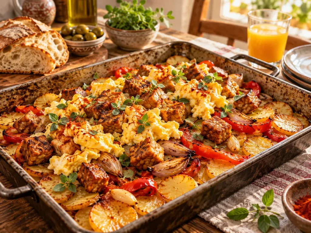 Frühstückskartoffeln vom Blech mit Paprika, Schalotten, goldbraunem Tempeh und gestocktem Ei.