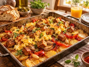 Frühstückskartoffeln vom Blech mit Paprika, Schalotten, goldbraunem Tempeh und gestocktem Ei.