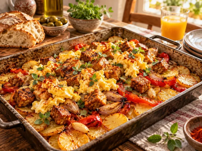 Frühstückskartoffeln vom Blech mit Paprika, Schalotten, goldbraunem Tempeh und gestocktem Ei.