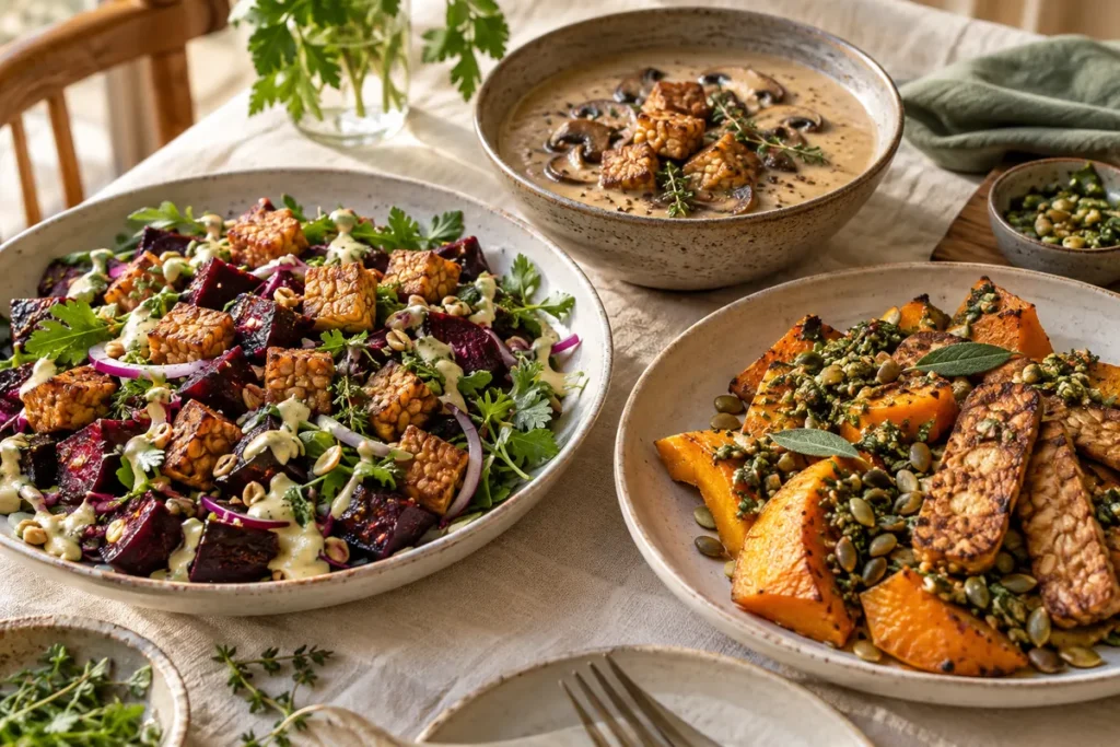 Drei Tempeh-Gerichte auf einem Tisch: Rote-Bete-Salat, Pilzsuppe und Ofenkürbis mit Kürbiskern-Pesto