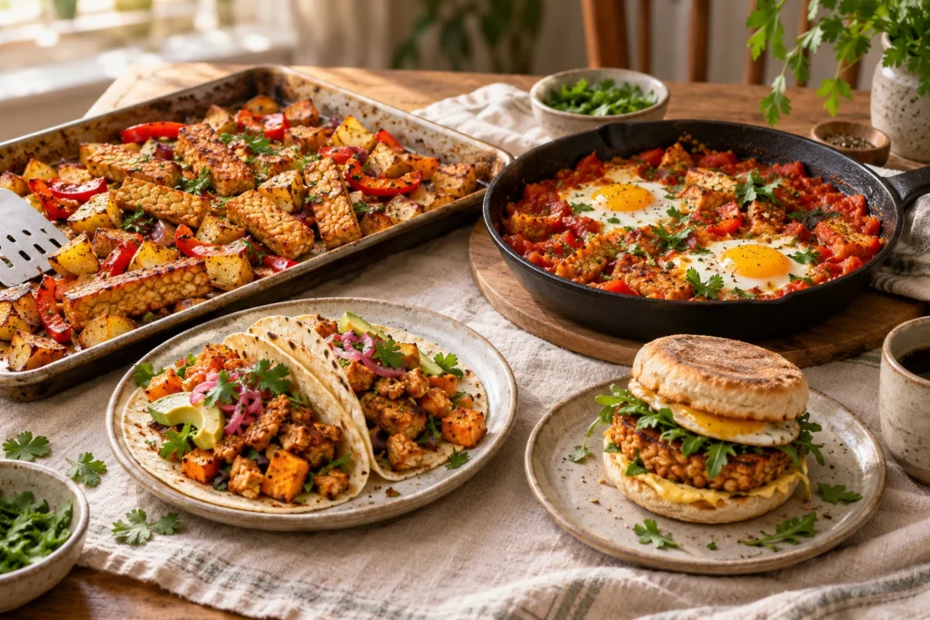 Herzhafter Tempeh-Brunch mit Frühstückskartoffeln, Shakshuka, Tacos und Sandwich