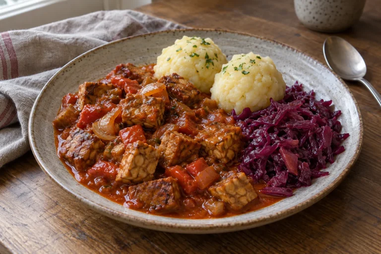 Tempeh-Gulasch mit Knödeln und Rotkohl