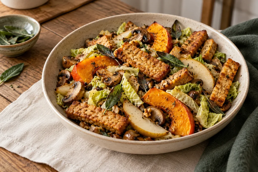 Goldbrauner Tempeh mit Kürbis, Pilzen, Wirsing, Birne und Salbei in einer Schale