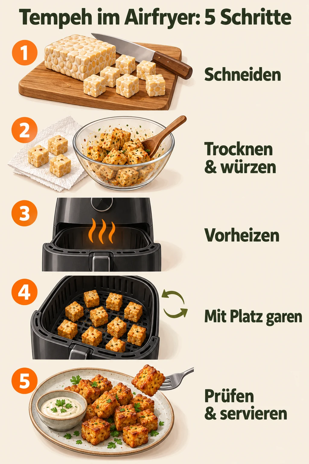 Infografik: Tempeh schneiden, trocknen und würzen, Airfryer vorheizen, mit Abstand garen, prüfen und servieren