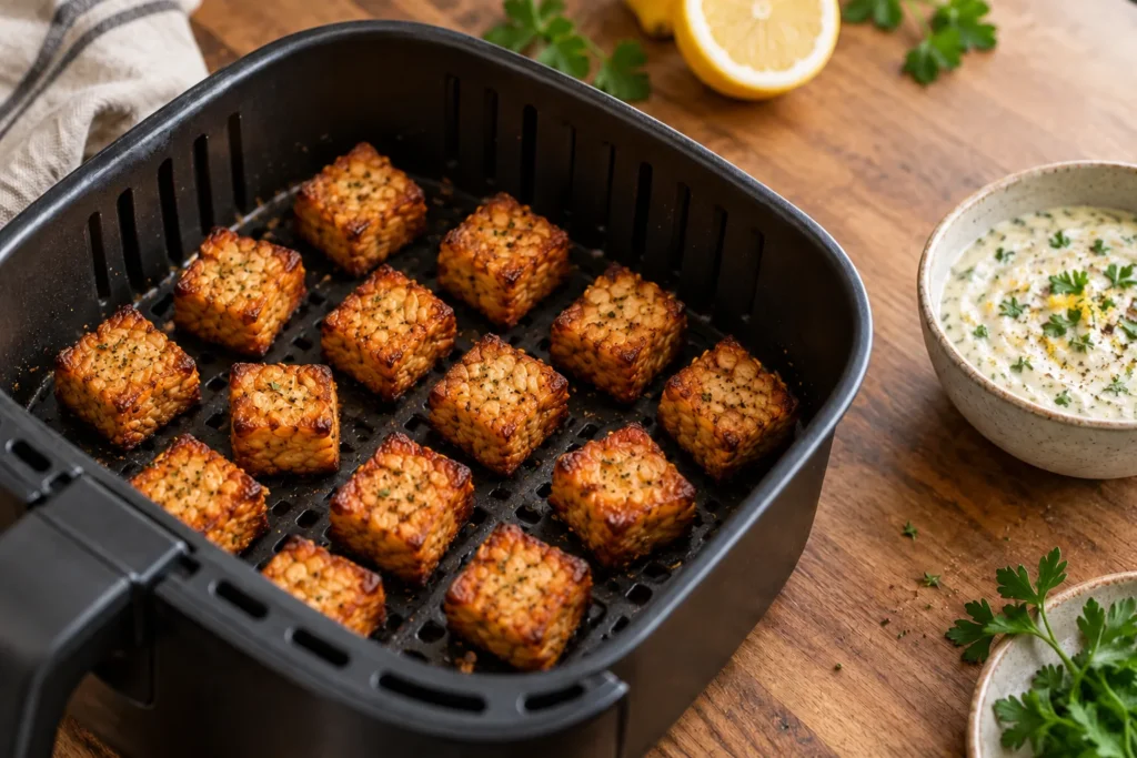 Goldbraune Tempeh-Würfel in einer Lage im Airfryer-Korb mit Kräuter-Dip