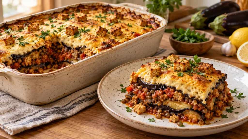 Goldbraune vegane Tempeh-Moussaka mit Aubergine, Linsen und Zitronen-Béchamel in einer Auflaufform
