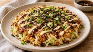 Knuspriges Tempeh-Okonomiyaki mit Spitzkohl, Miso-Mayo, Nori, Frühlingszwiebeln und Sesam