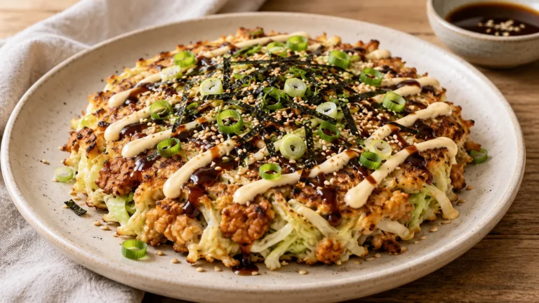 Tempeh-Okonomiyaki mit Spitzkohl, Miso-Mayo und Sesam