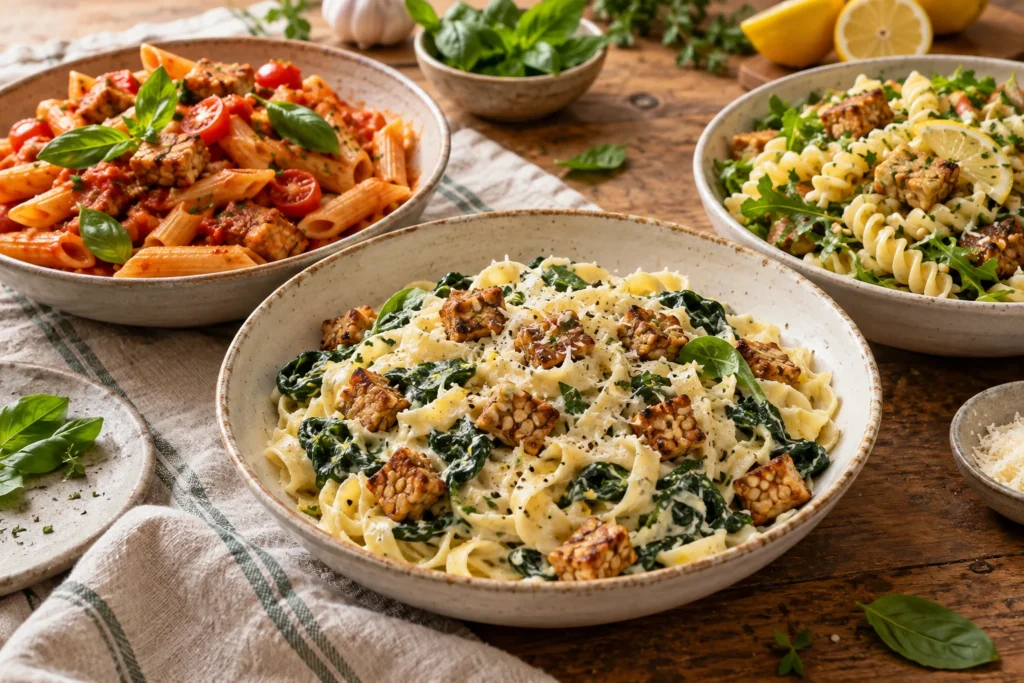 Drei Pastagerichte mit goldbraunem Tempeh: cremige Bandnudeln, Tomaten-Penne und Zitronen-Kräuter-Pasta-Salat