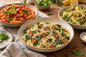 Drei Pastagerichte mit goldbraunem Tempeh: cremige Bandnudeln, Tomaten-Penne und Zitronen-Kräuter-Pasta-Salat