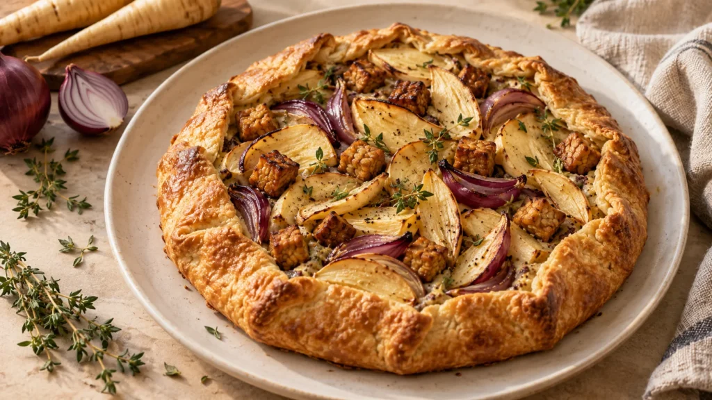 Goldbraune Tempeh-Pastinaken-Galette mit roten Zwiebeln und frischem Thymian auf hellem Keramikteller