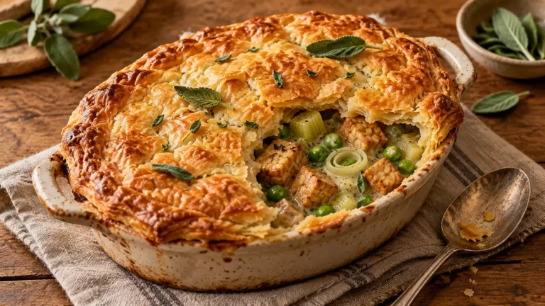 Tempeh-Pot-Pie mit Lauch, Sellerie, Erbsen und Salbei
